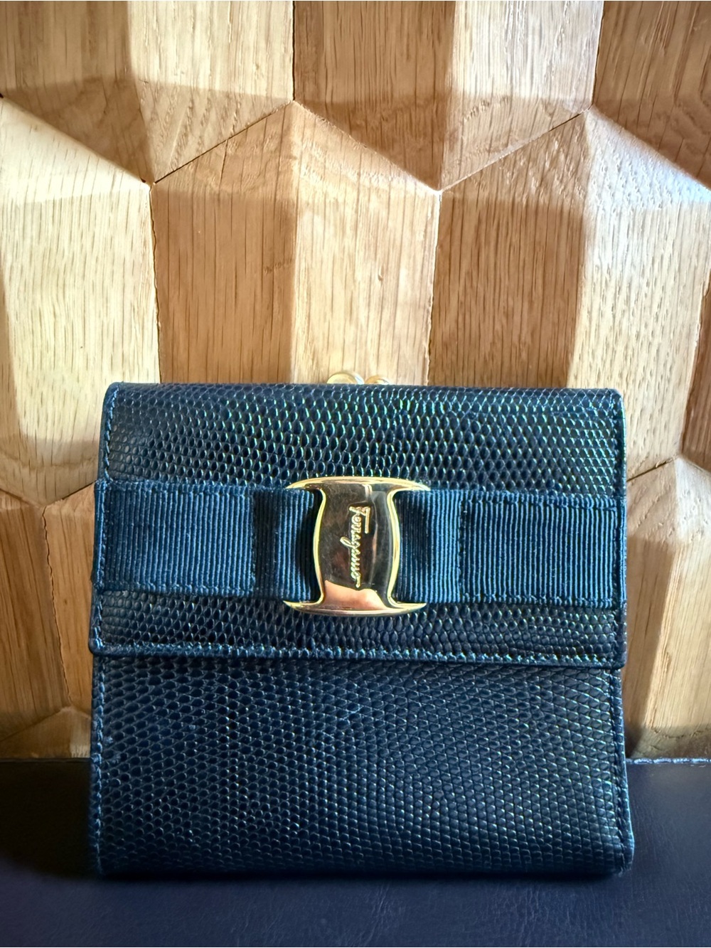 Salvatore Ferragamo Black Bow Leather Compact Wallet